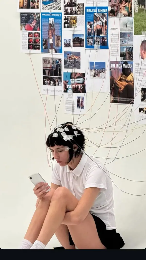 A girl on her phone, wired to a wall of pictures
