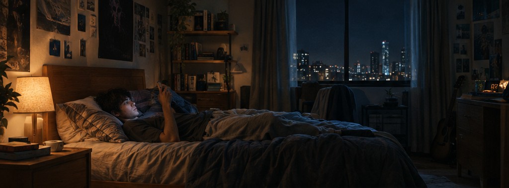 A man on his phone in bed, late evening
