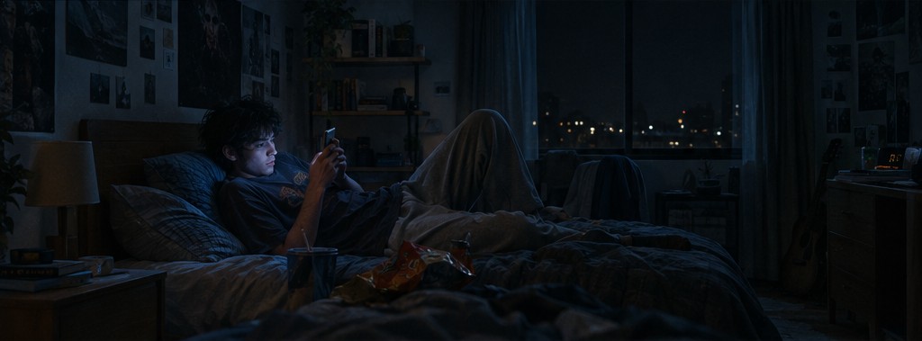 A man on his phone in bed at night