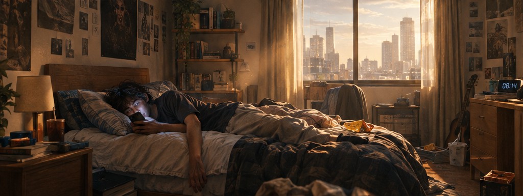 A man asleep beside his phone as morning comes in