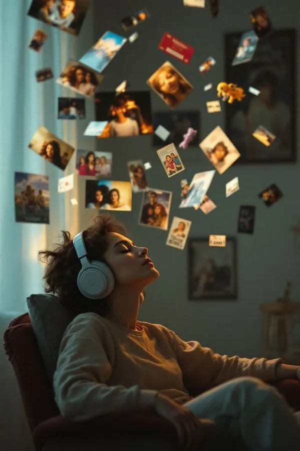 A woman in headphones surrounded by floating photos