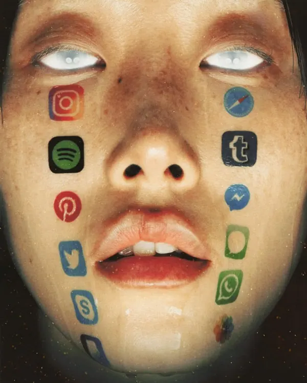 A face covered in social media app icons