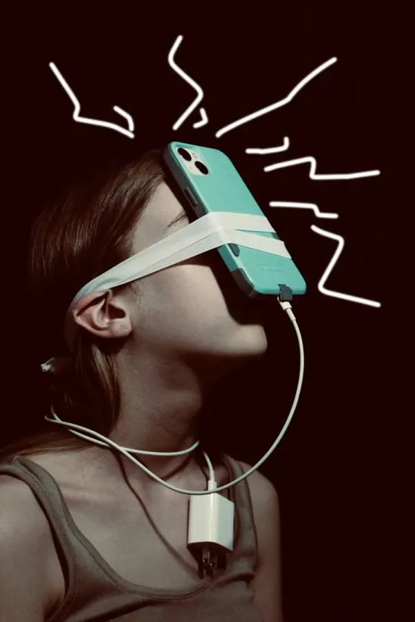 A woman with a phone strapped over her eyes