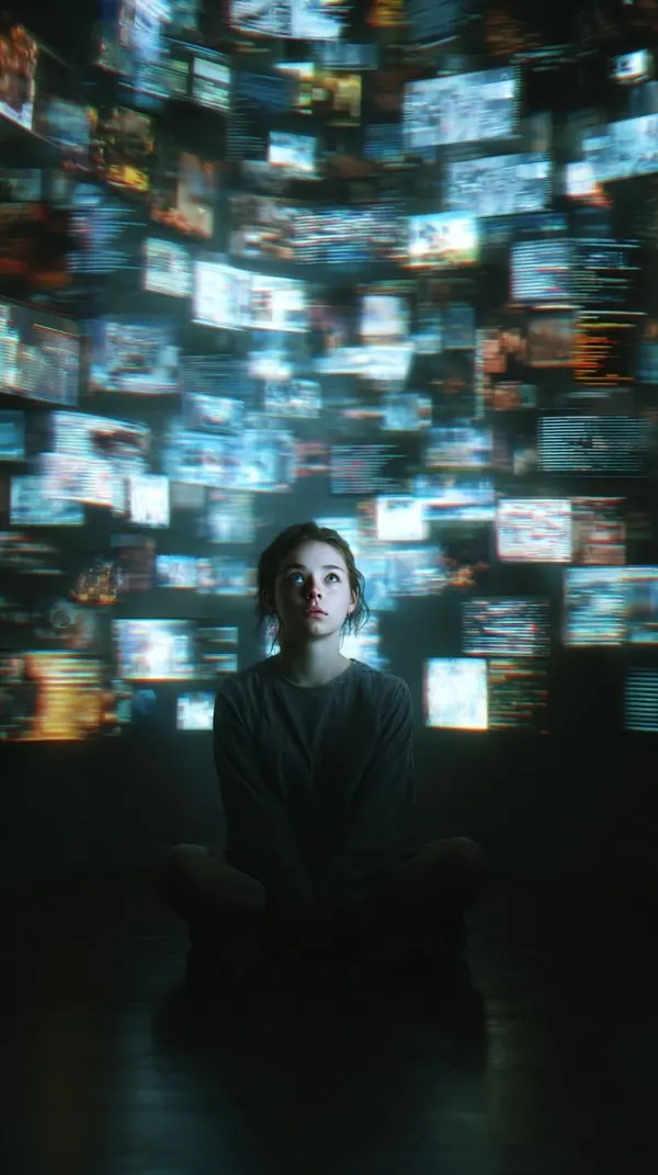 A woman sitting inside a wall of glowing screens